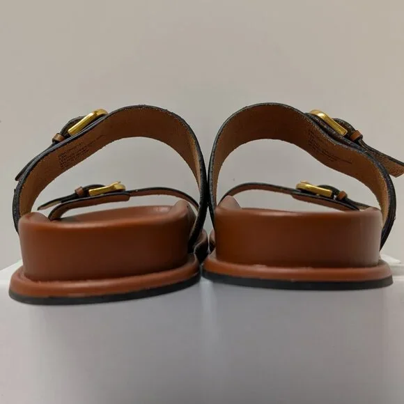 Steve Madden Zina Leather Double Strap and Buckle Sandals in Brown & Gold - Picture 10 of 12